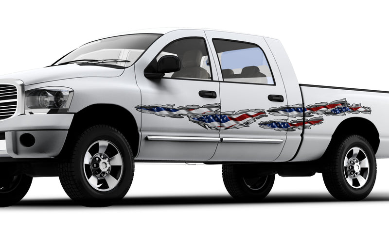 american flag metal tear decals on the side of white truck
